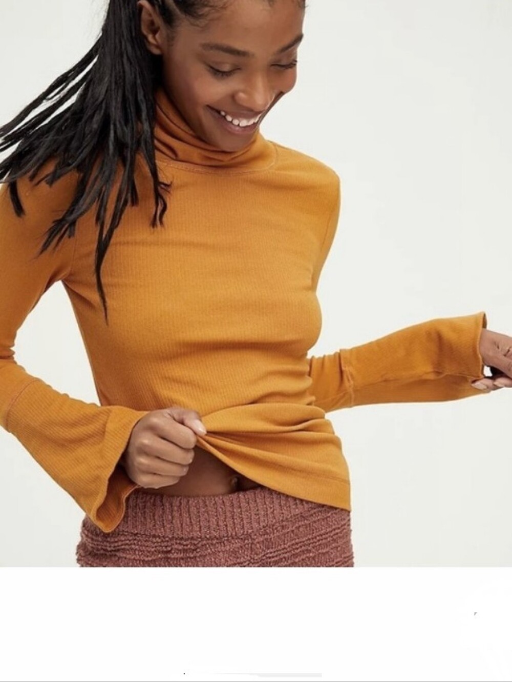 Free People Top Sydney Ribbed Bell Sleeve Turtleneck Orange Gold Brown Fall XS